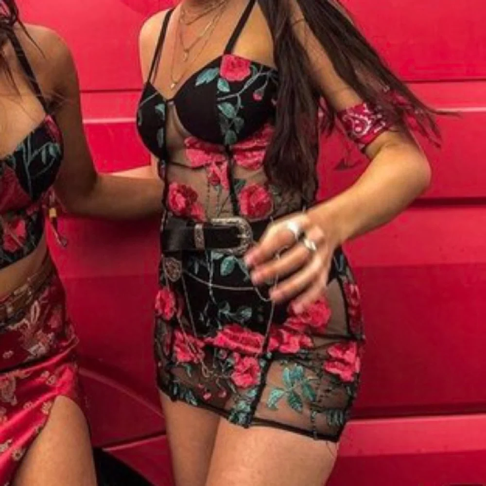Floral Embroidered Black Mini Dress with Red Roses - Picture 7 of 7
